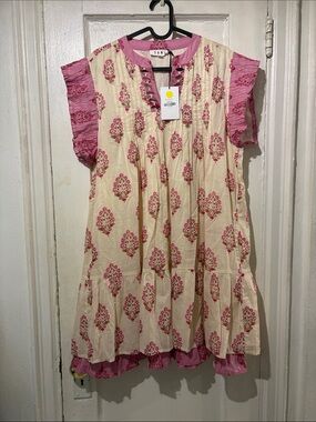 THML Pink and Cream Floral Ruffle Tiered Dress